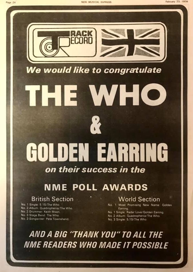 The Who and Golden Earring congratulations ad in New Musical Expres (UK magazine) February 23 1974 page 24